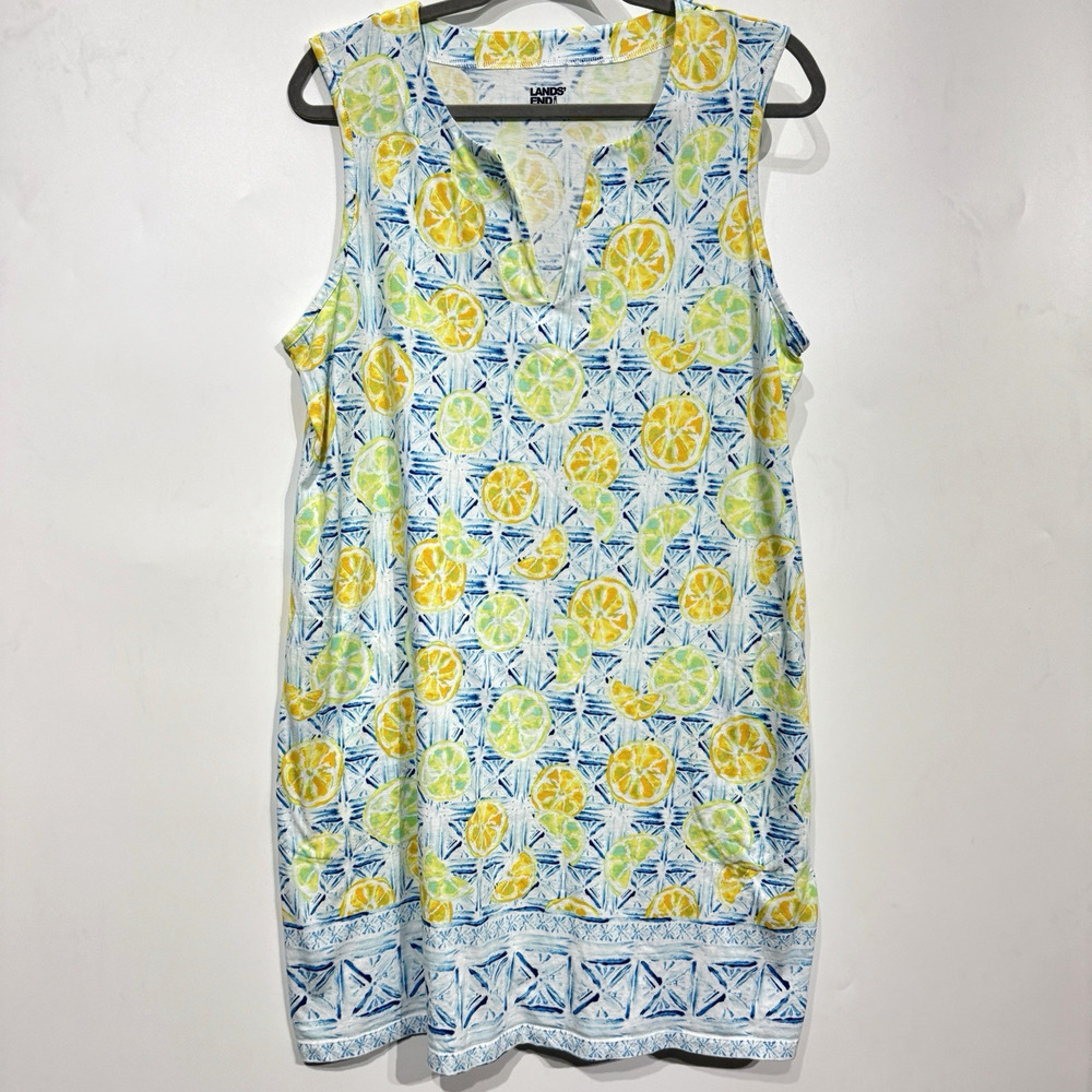 Lands' End Women's Lemon Print Novelty Shift Dress Sz XL (18) Multicolor Cotton